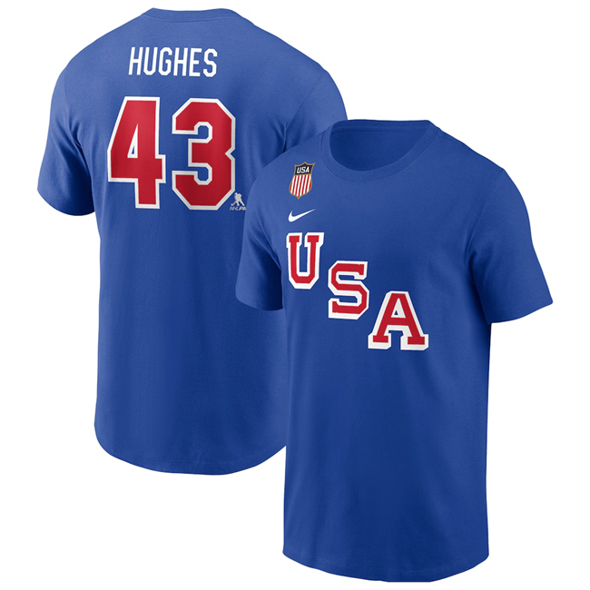 Men's US Hockey #43 Quinn Hughes Royal 2026 Name & Number T-Shirt